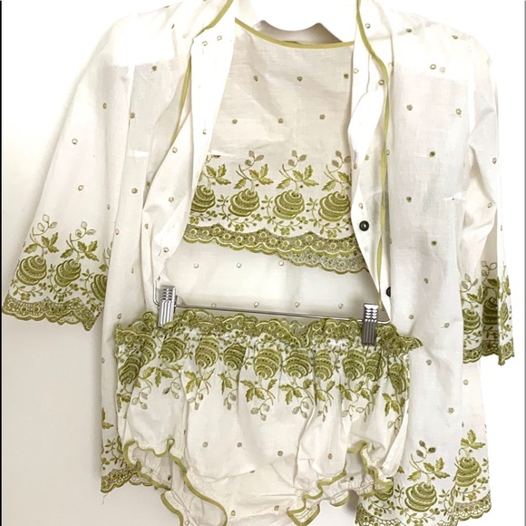 Vintage 3-Peice Pajamas Set Green/White GUC - Picture 2 of 11